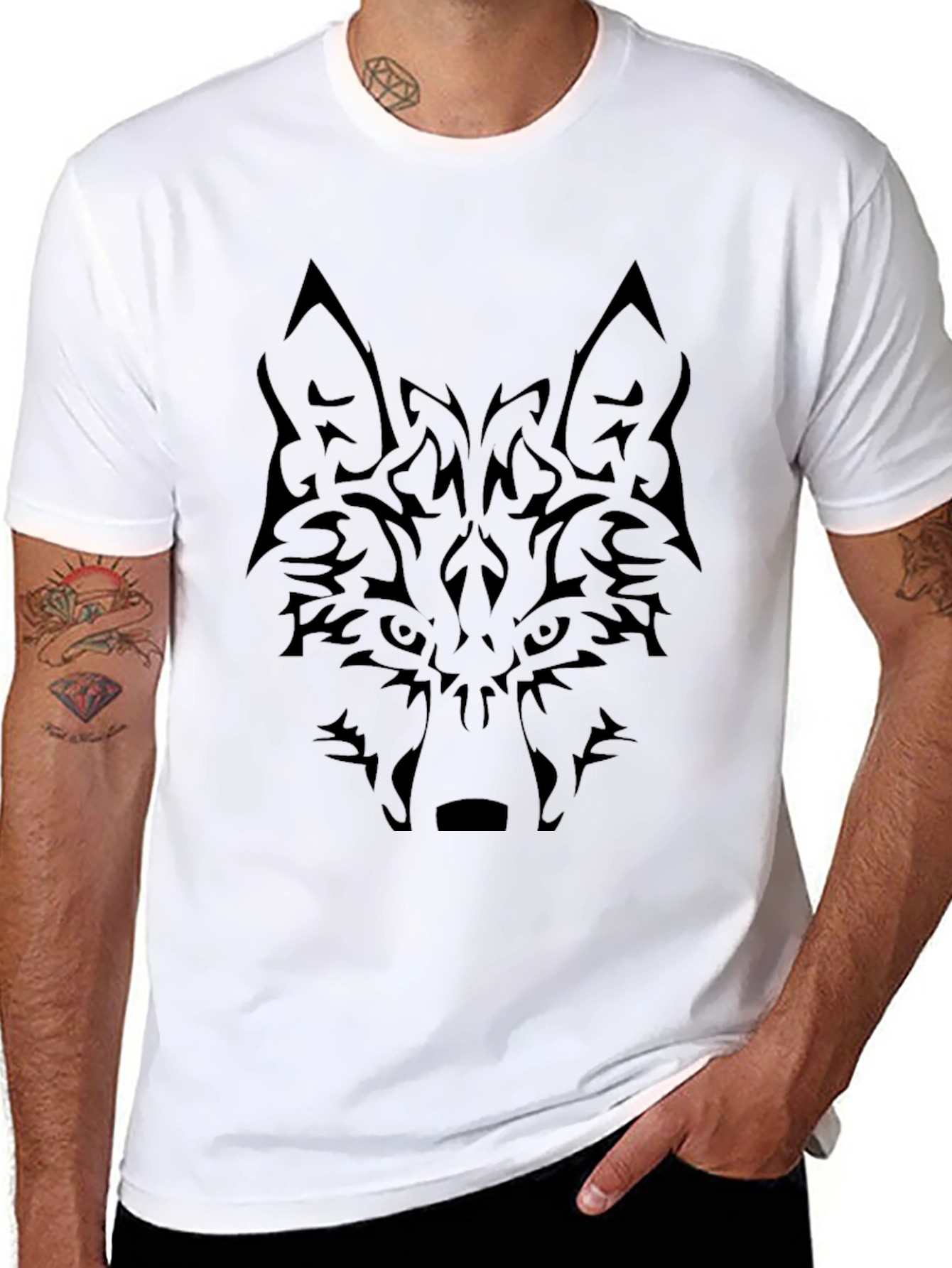 Black Tribal Wolf Graphic Tee - Black Cotton Blend Shirt view 8