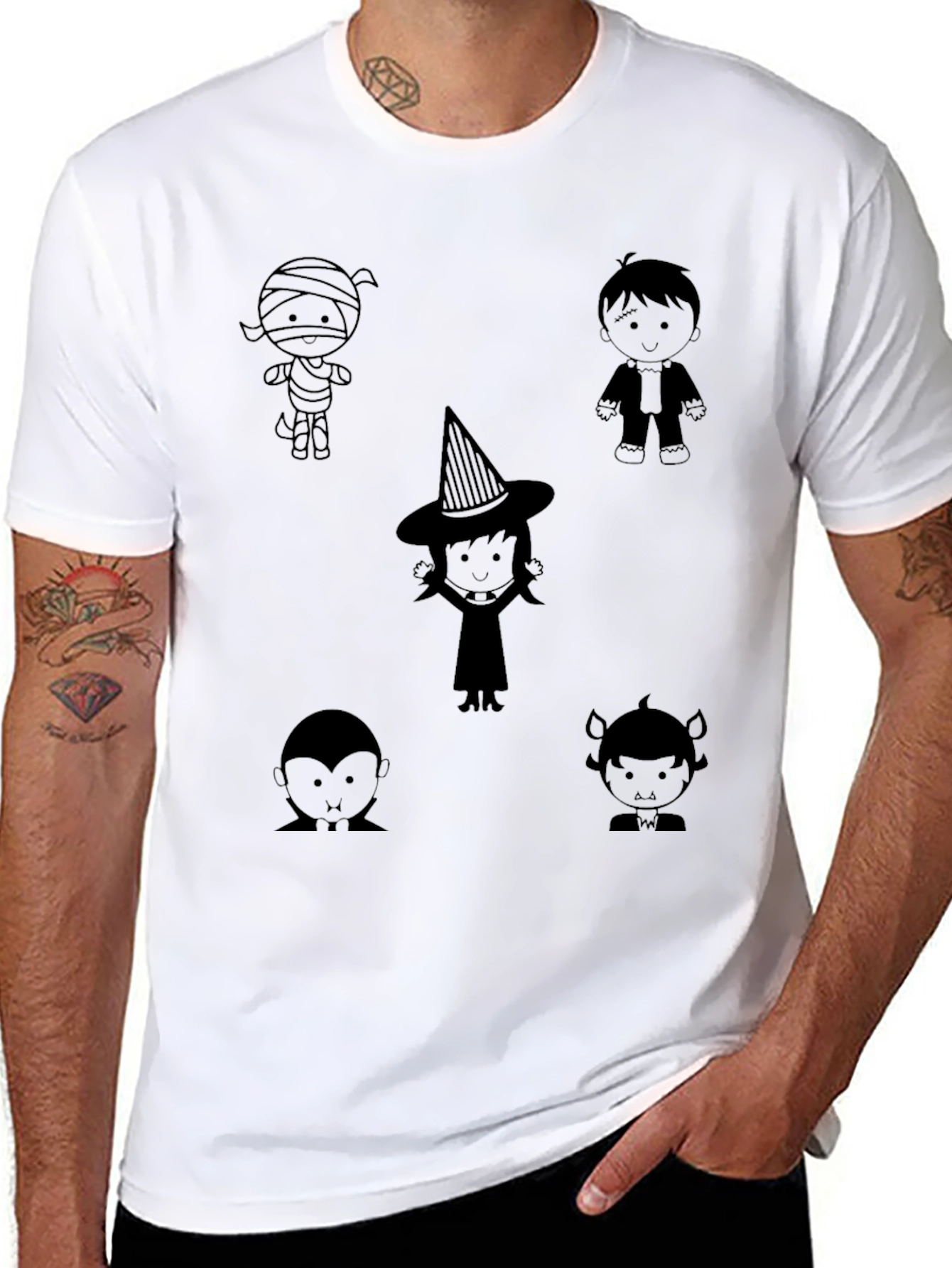 Black Halloween Cartoon Character Print Black T-Shirt view 8