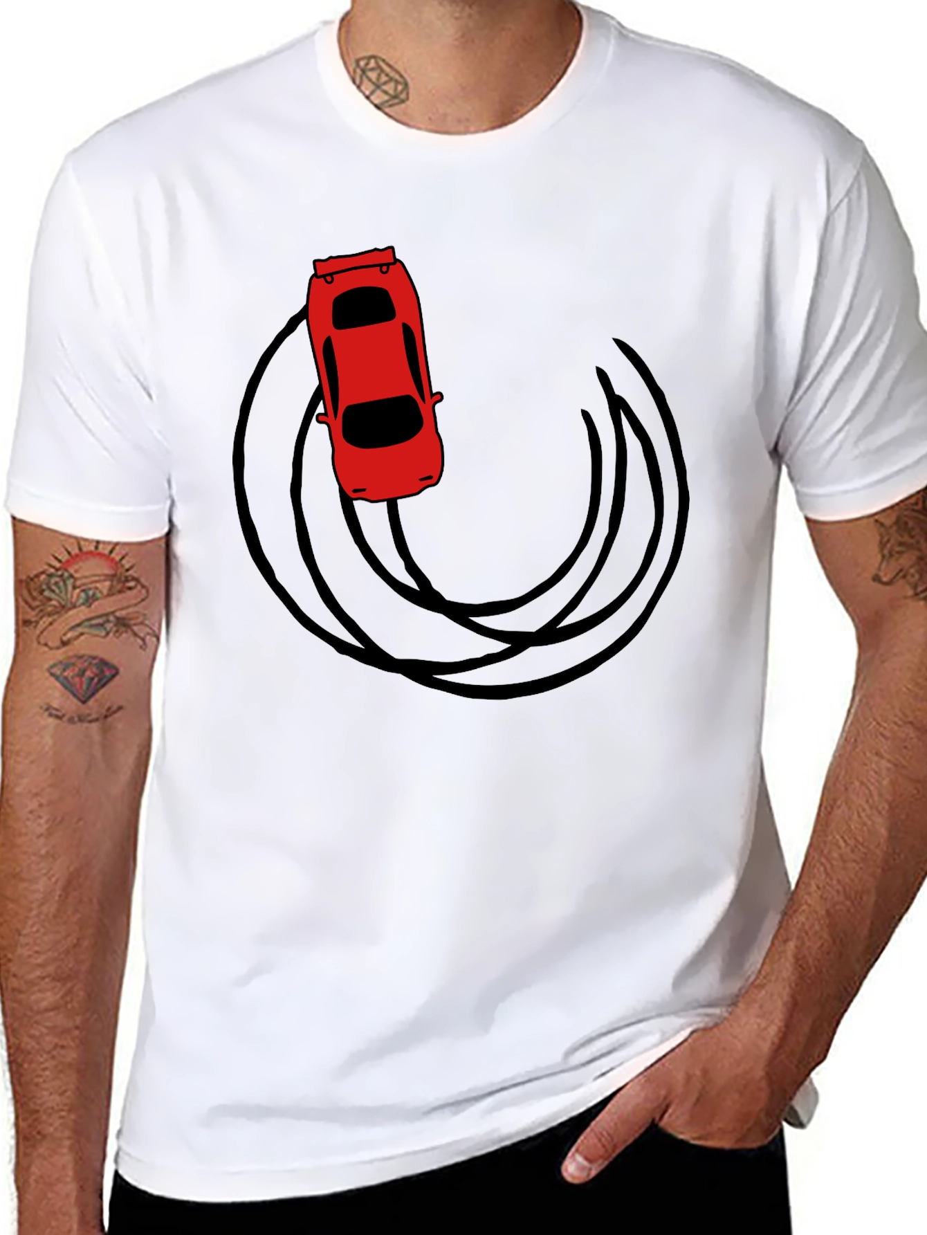Black Red Car Drift Graphic T-Shirt - Black Cotton Tee view 8
