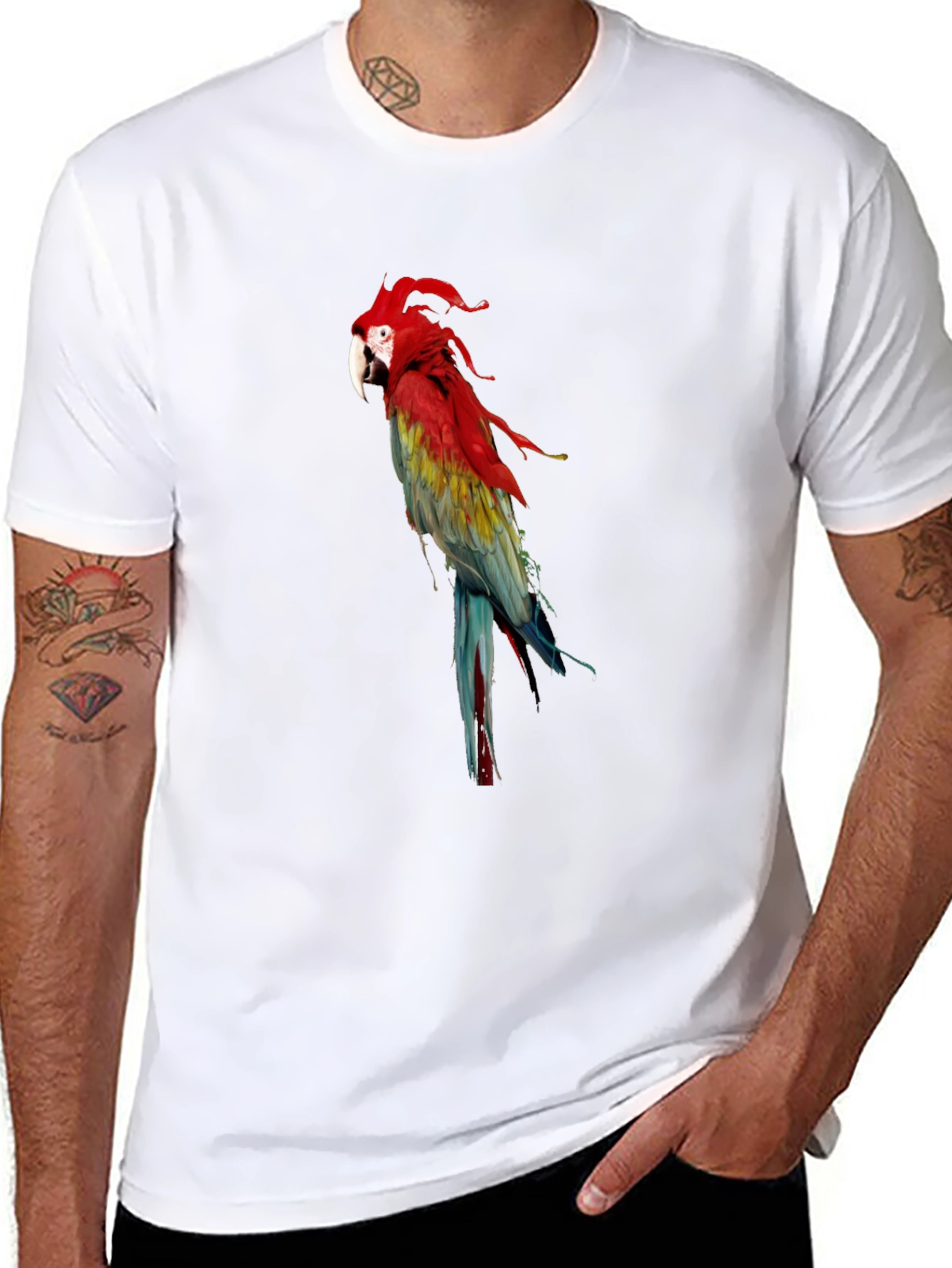 Black Parrot Graphic Tee - Vivid Bird Print T-Shirt view 8