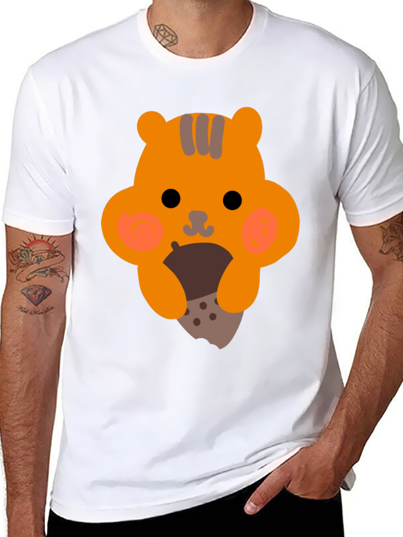 Black Cute Cartoon Squirrel Eating Nut Graphic T-Shirt view 8