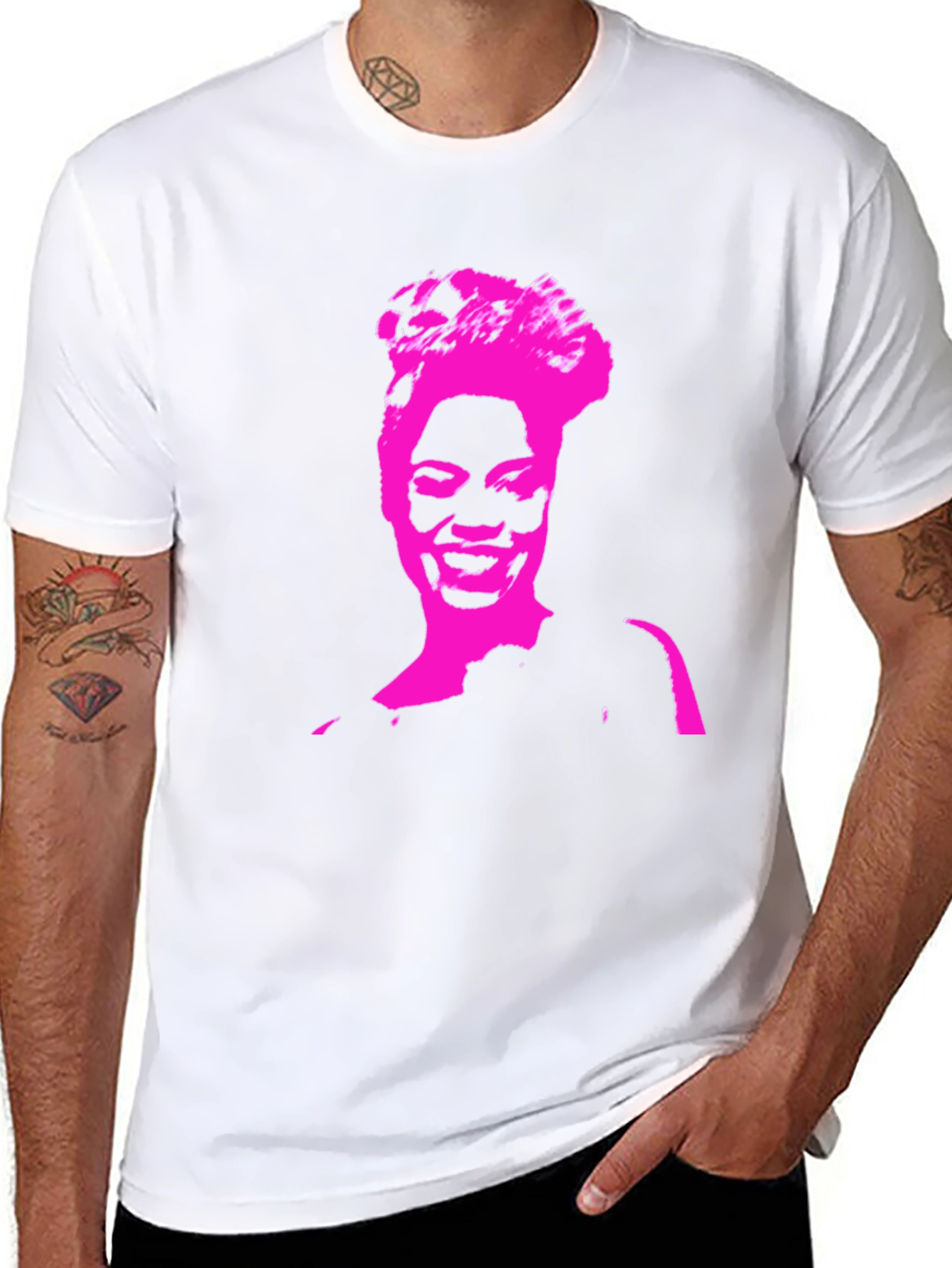 Black Stylish Black T-Shirt with Pink Portrait Graphic view 8