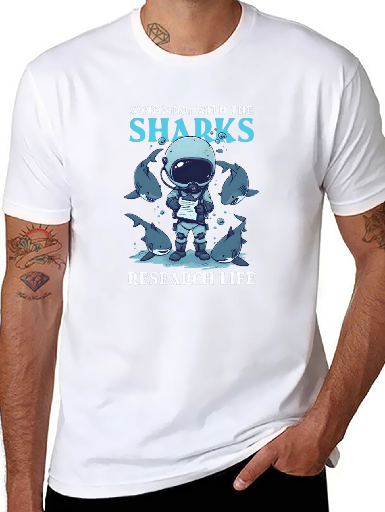 Black Swimming with Sharks Research Life Black T-Shirt view 8