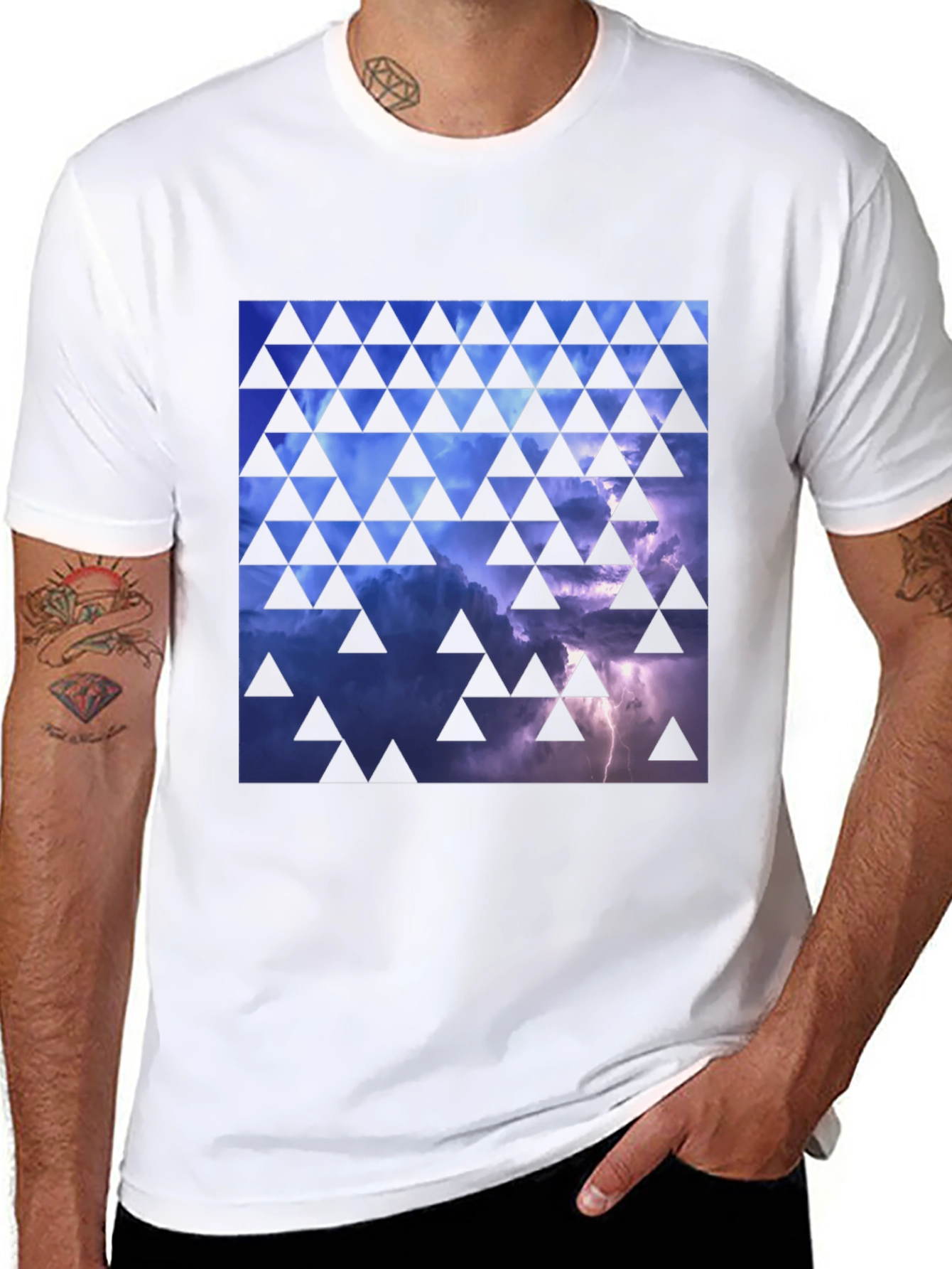 Black Stormy Sky Triangle Pattern Black T-Shirt view 8