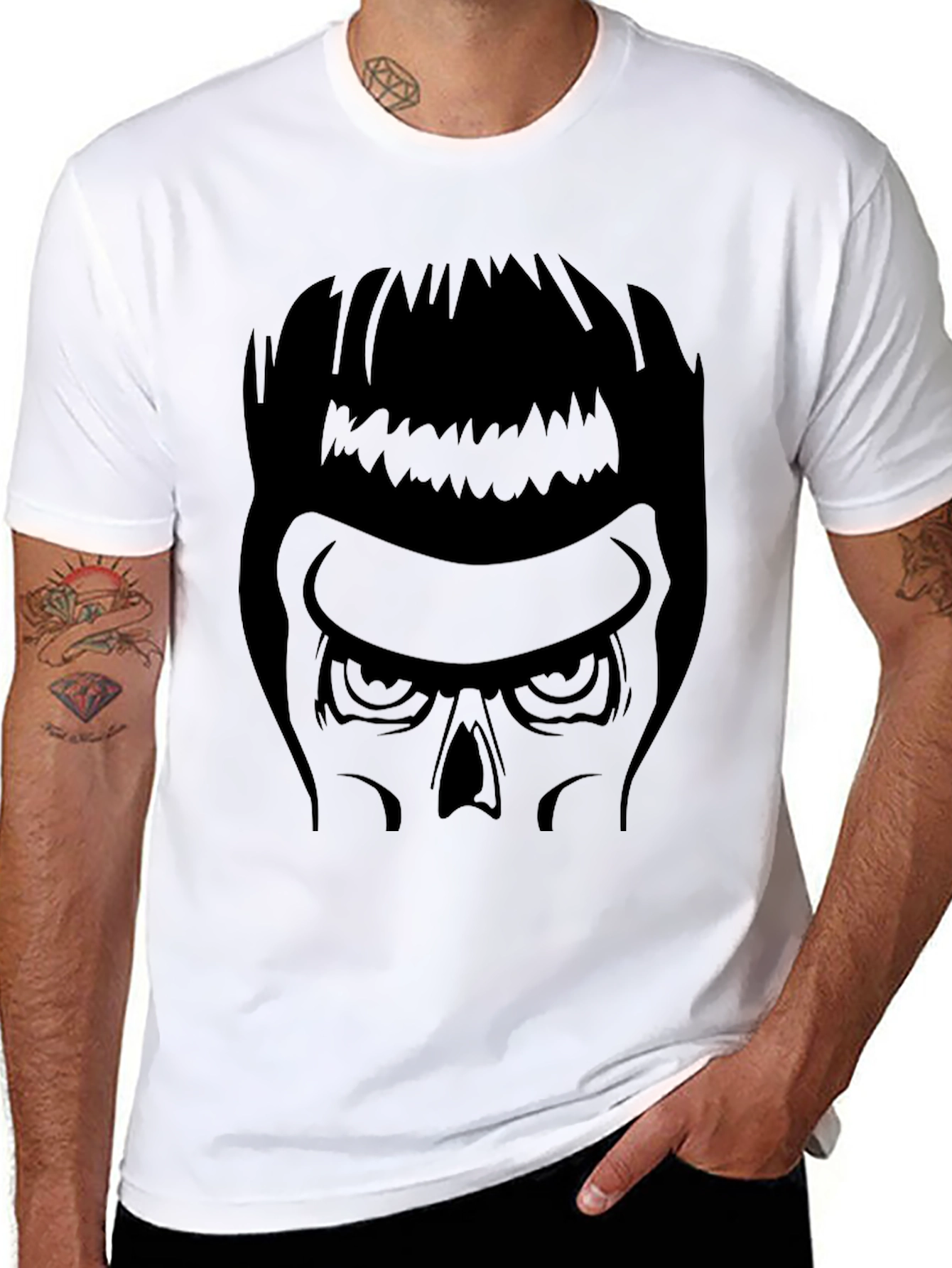 Black Skull Haired Men's Black Graphic Tee view 8