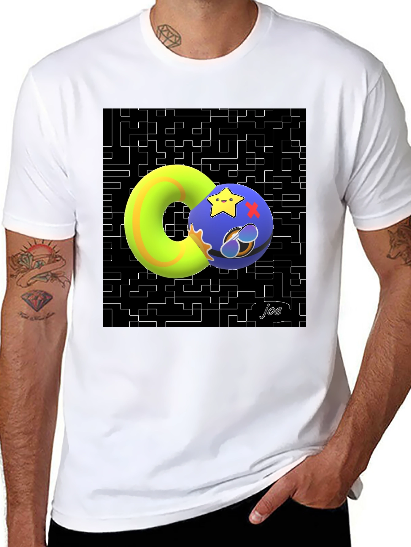 Black Geometric Graphic Tee - Funky Donut and Star Ball Design view 8