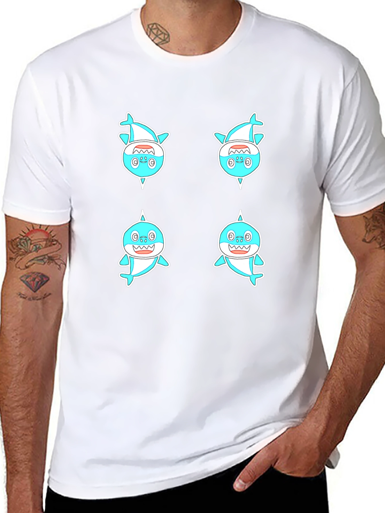 Cute Shark Pattern Men's Black T-Shirt - 8
