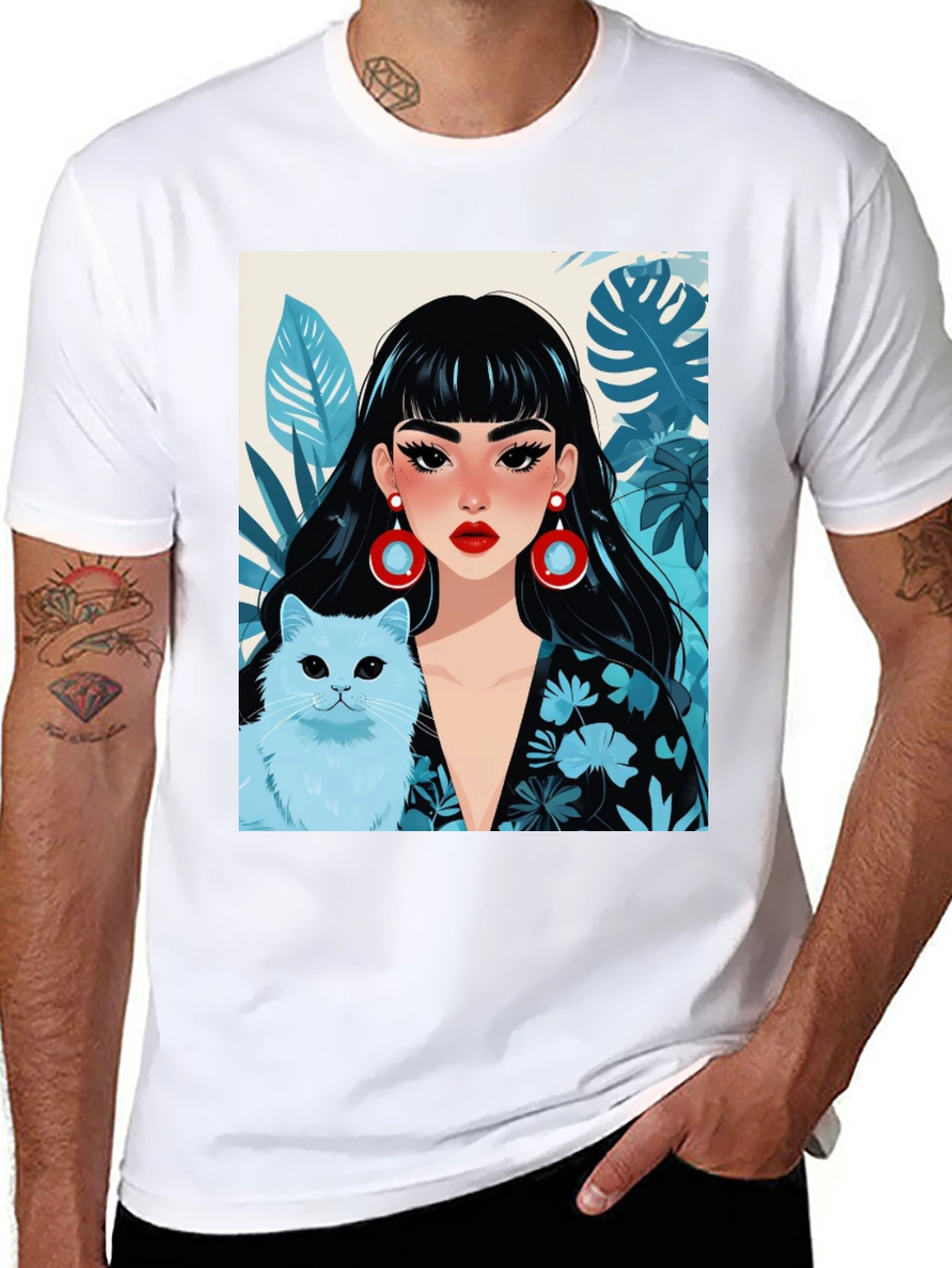 Black Trendy Graphic Tee - Woman & Cat view 8