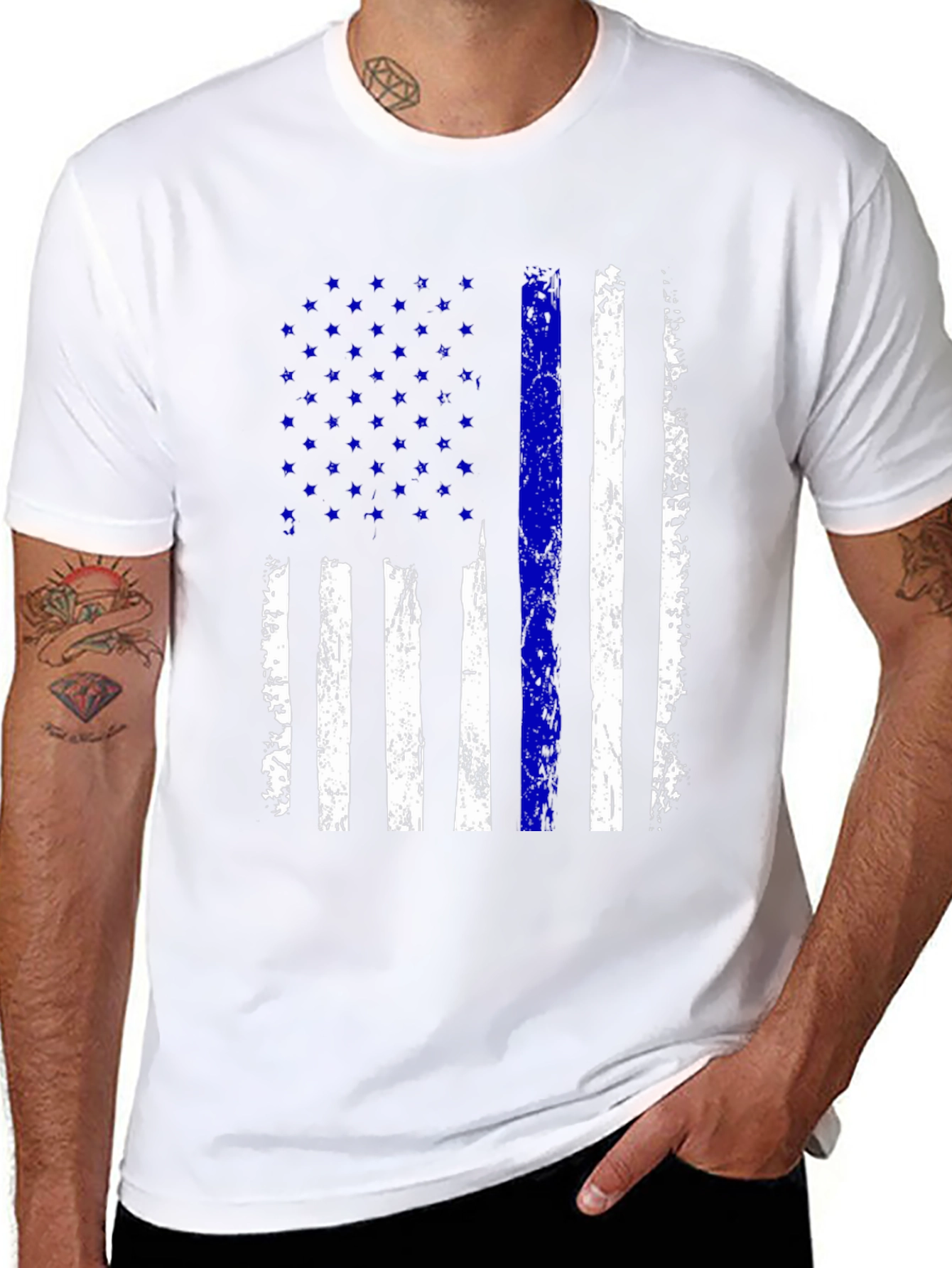 Distressed Thin Blue Line American Flag T-Shirt - 8