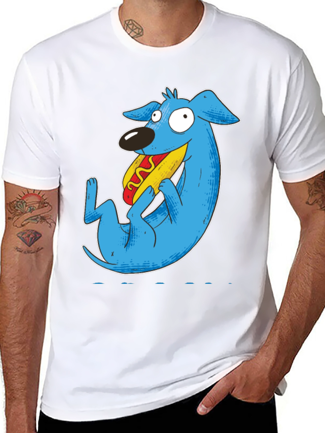 Black Cartoon Blue Dog Eating Hotdog Black T-Shirt view 8