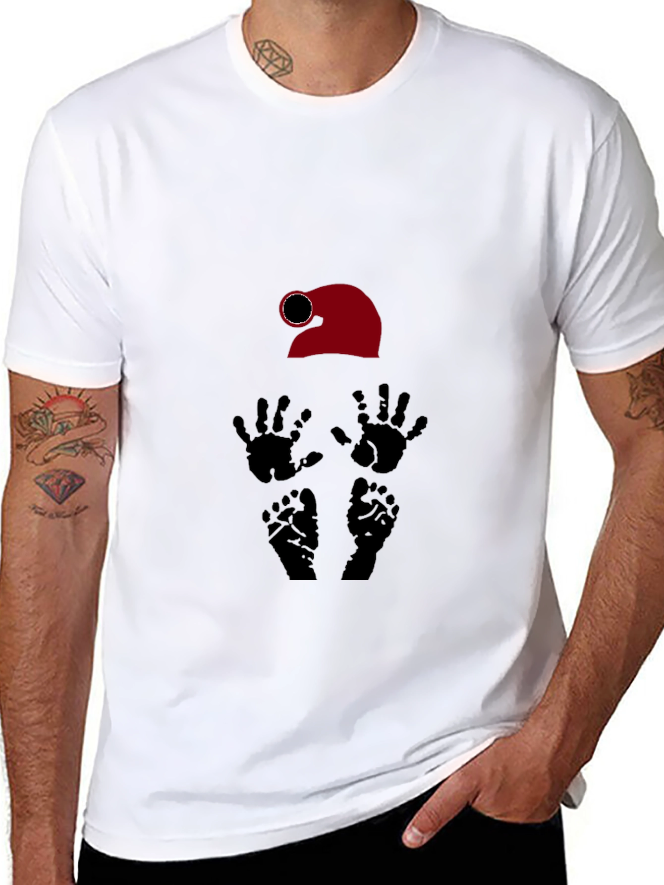 Black Novelty Graphic T-Shirt: Santa Hat, Hands, Feet Design view 8