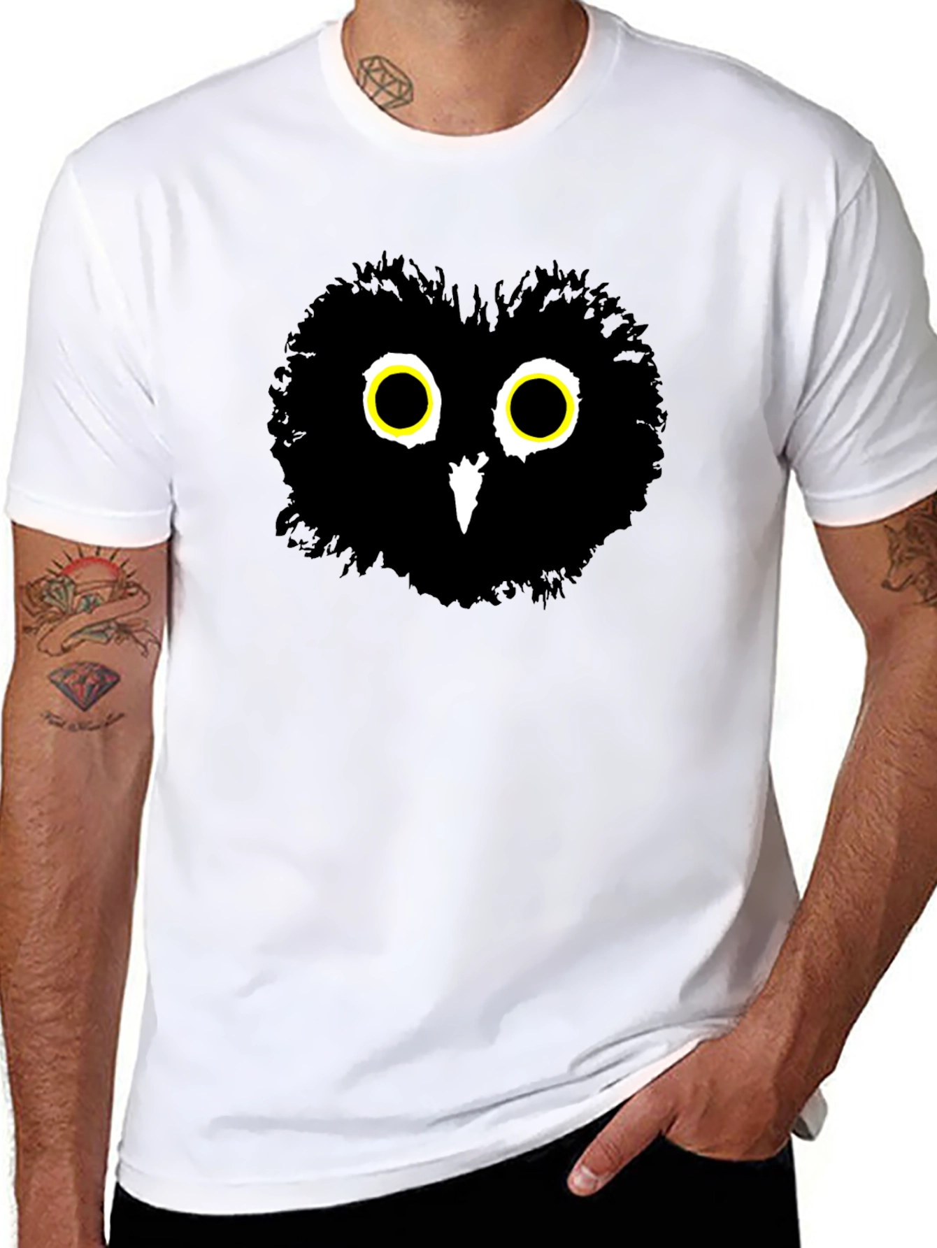 Black Whimsical Owl Graphic Tee - Men's Black Cotton T-Shirt view 8