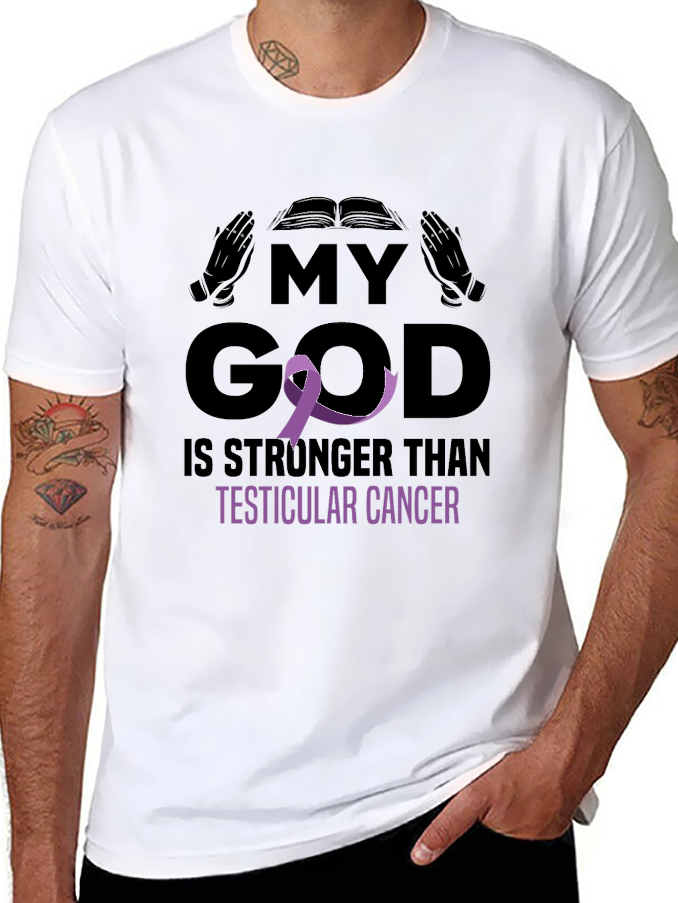 Black My God Stronger Than Testicular Cancer Awareness T-Shirt view 8