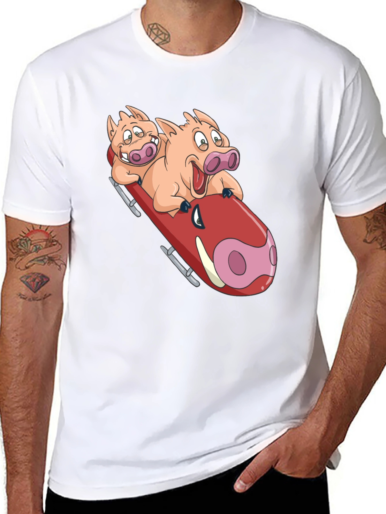 Black Funny Pigs Bobsledding Graphic T-Shirt view 8