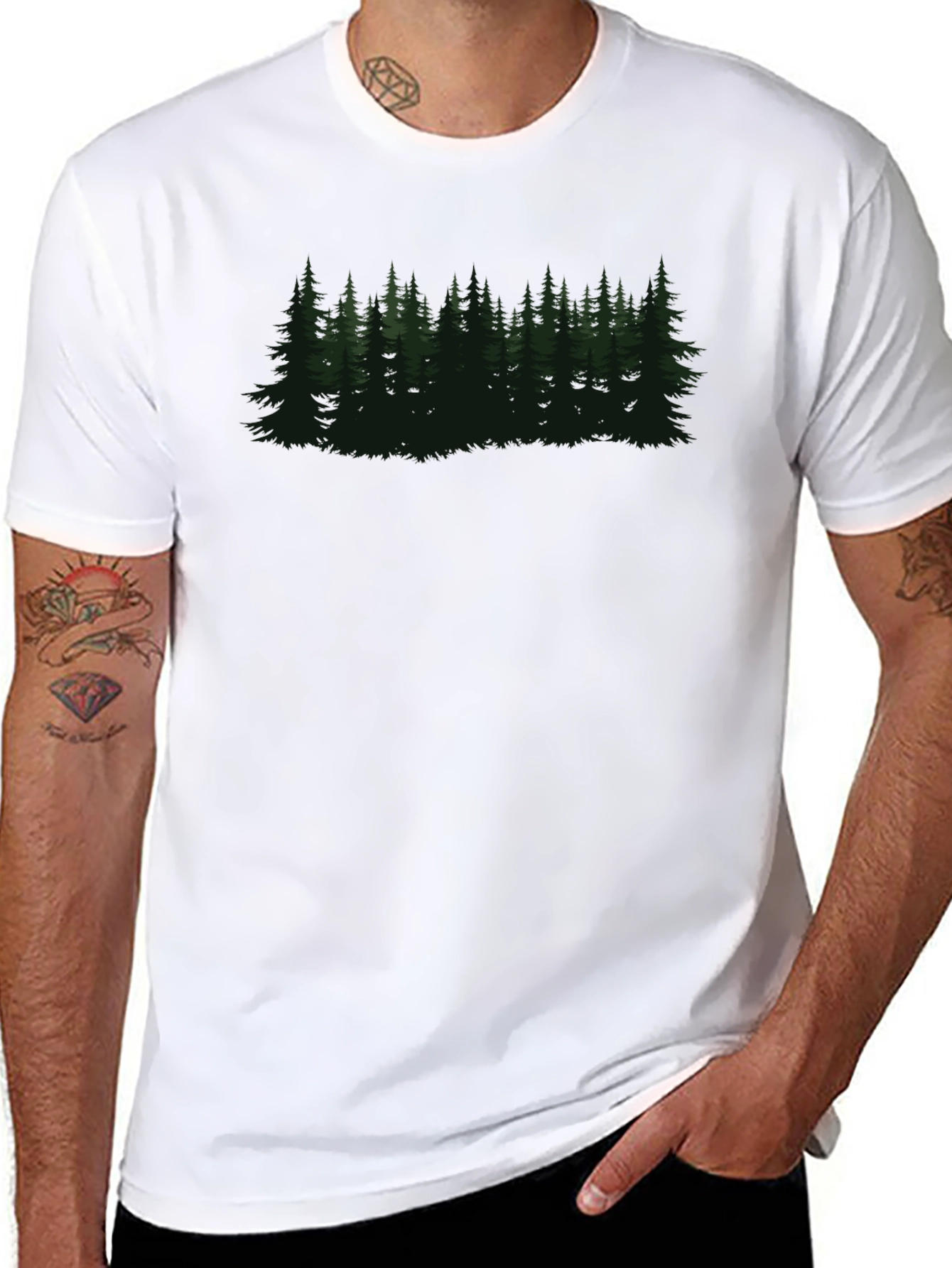 Black Men's Black T-Shirt with Forest Graphic view 8