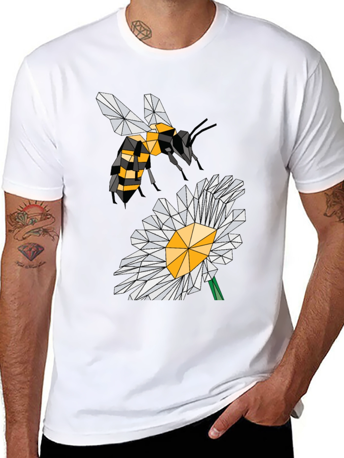 Black Geometric Bee & Daisy Black T-Shirt view 8