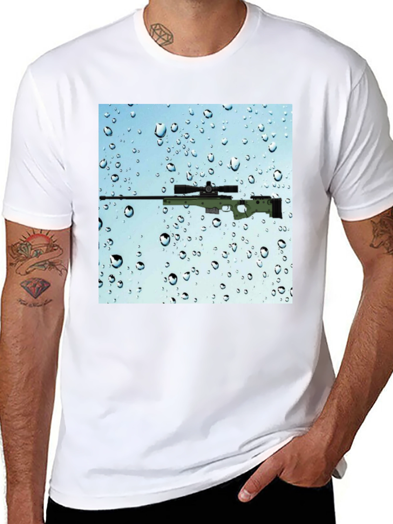 Black Gun on Rainy Window T-Shirt - Cool Graphic Tee view 8
