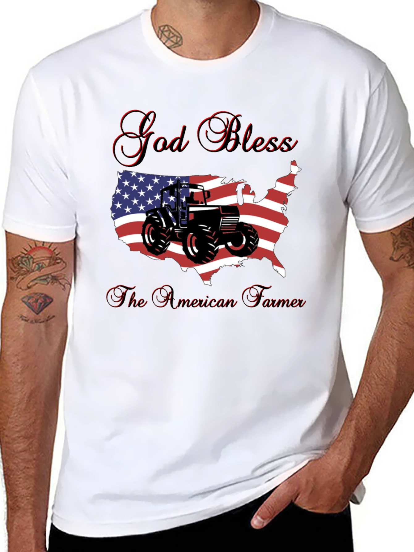 God Bless American Farmer Tractor USA Flag T-Shirt - 8