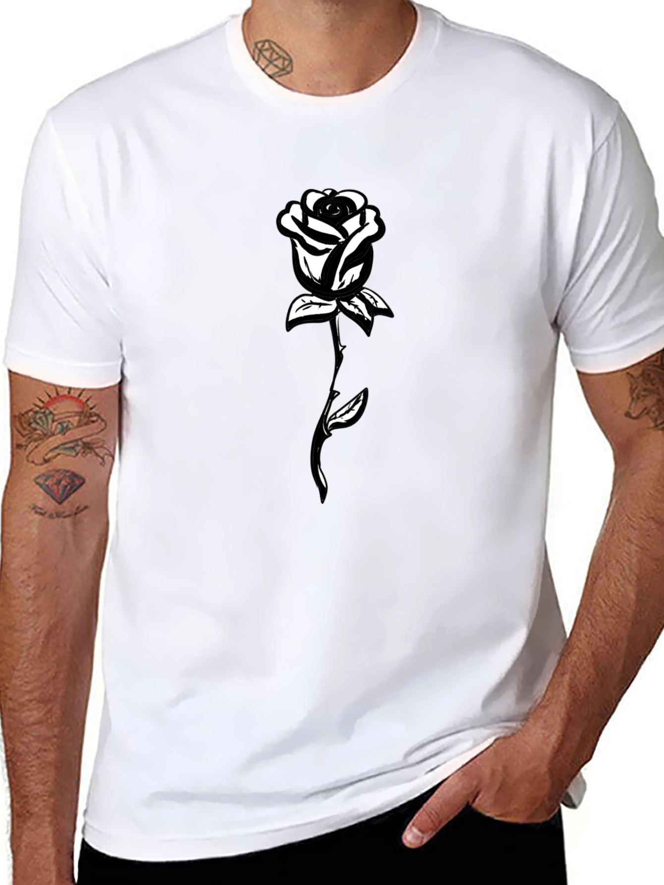 Black Black T-Shirt with White Rose Graphic view 8