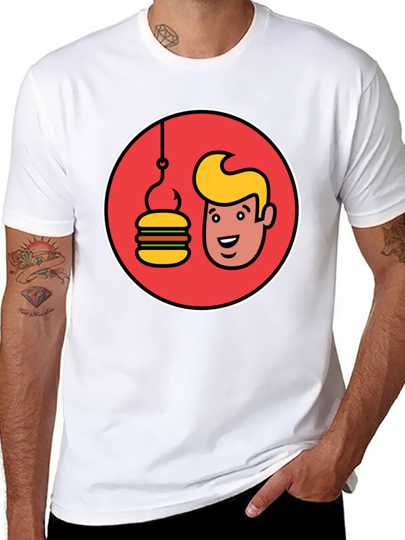 Black Funny Man & Burger Fishing Hook Black T-Shirt view 8