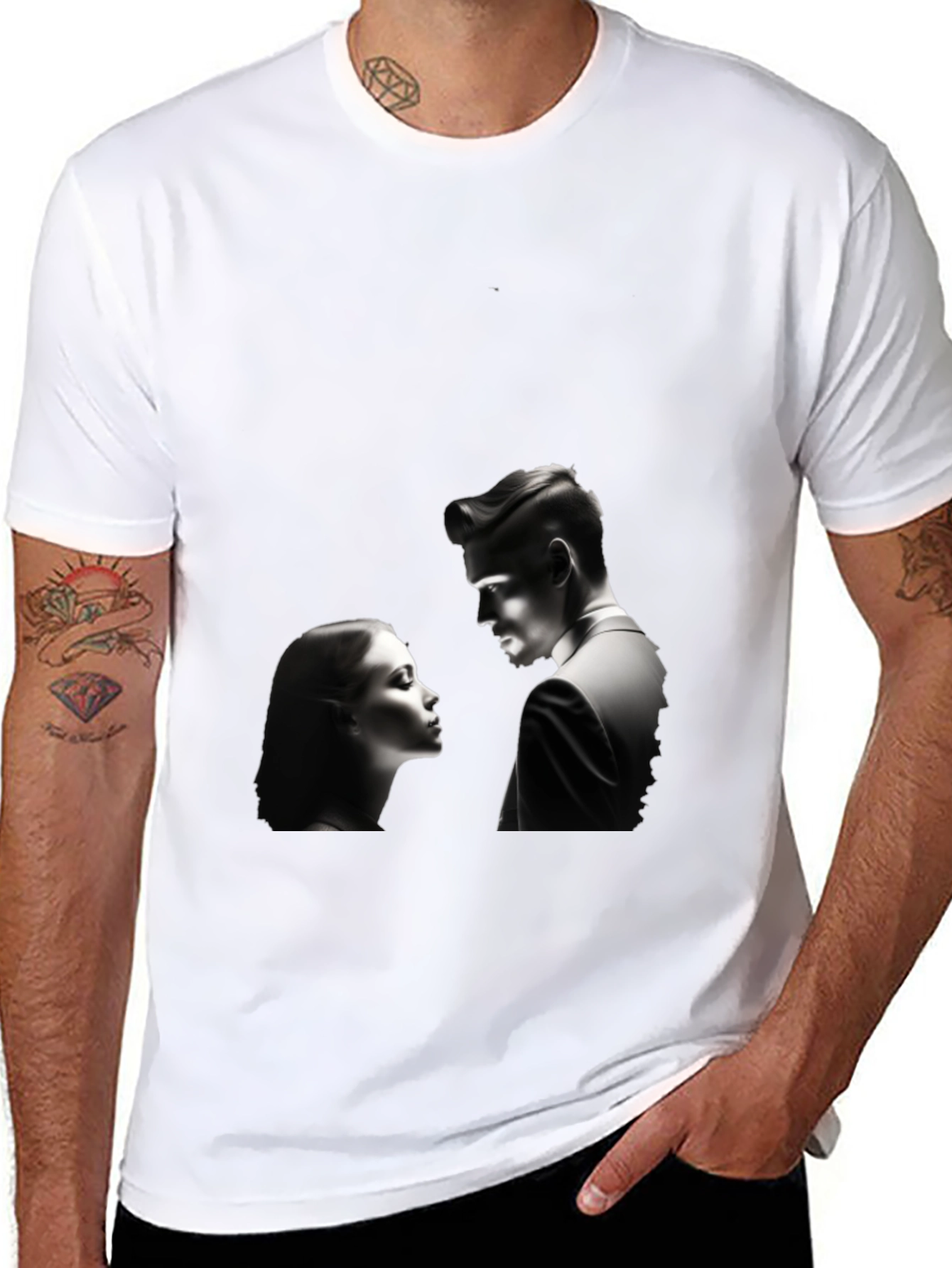 Black Romantic Black T-Shirt: Silhouette Couple Design view 8