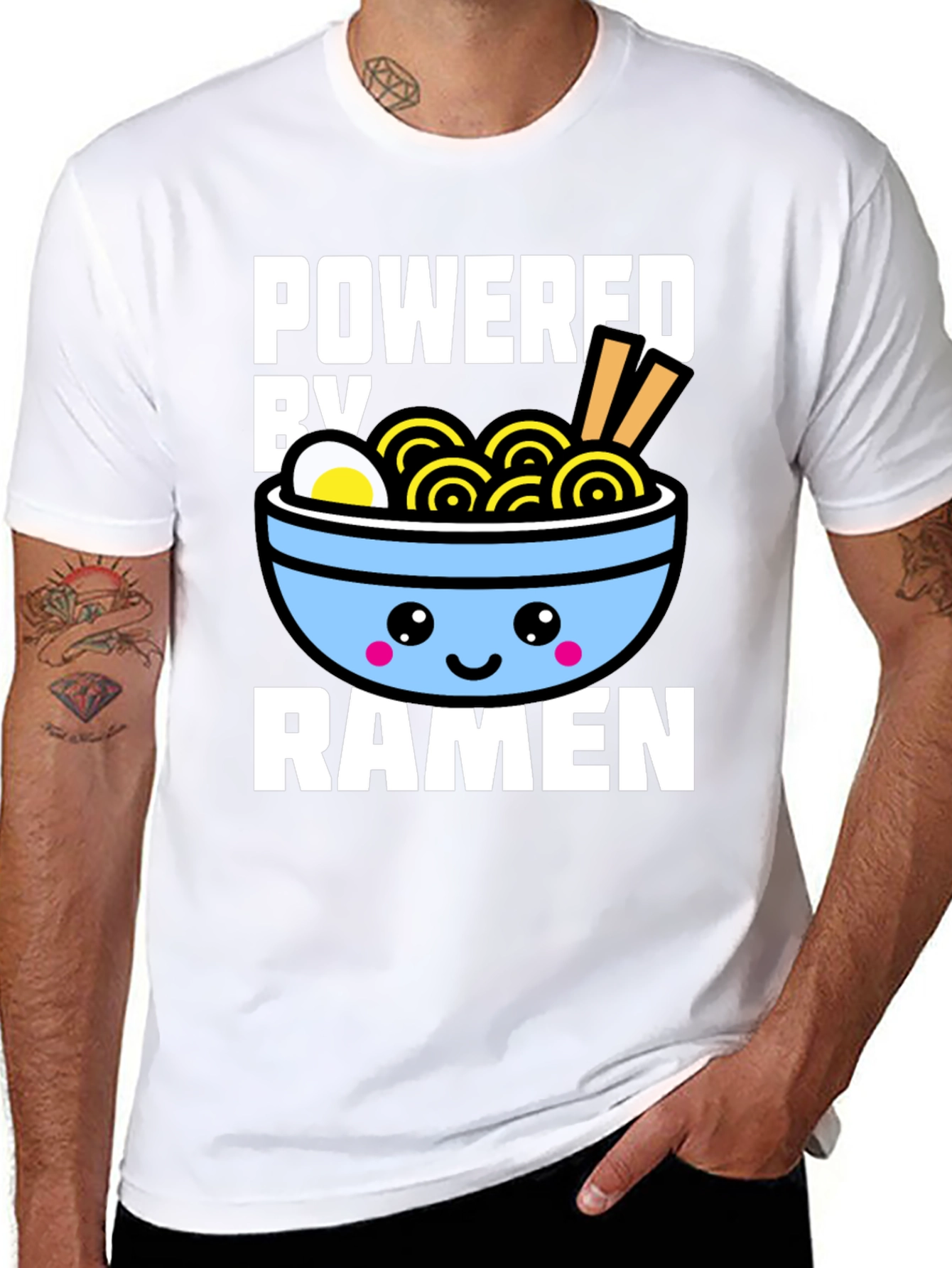 Black Powered By Ramen T-Shirt - Kawaii Noodle Bowl Graphic Tee view 8