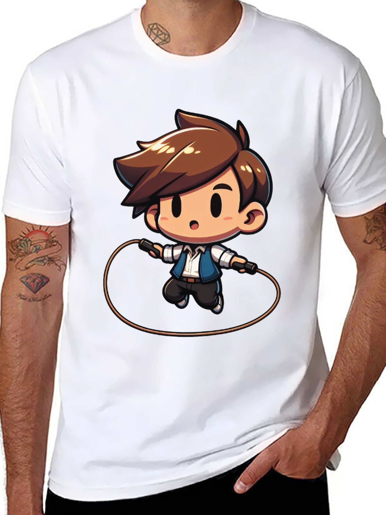 Black Cartoon Boy Jumping Rope Black T-Shirt view 8