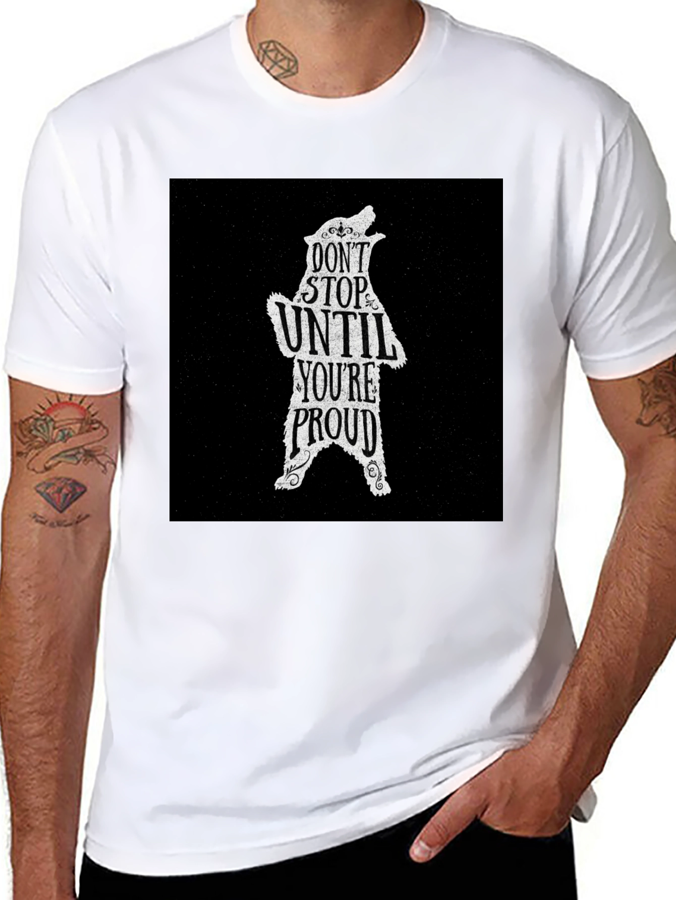 Black Motivational Bear Graphic T-Shirt - Don't Stop Until Proud view 8