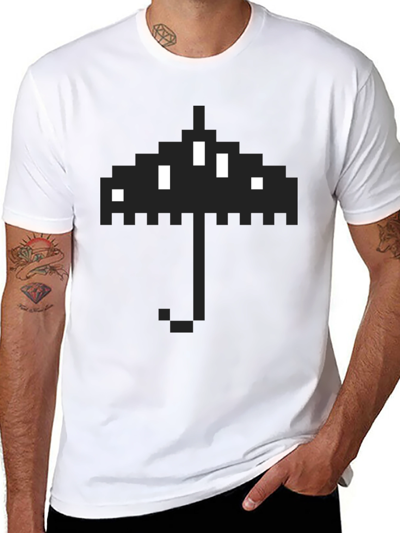 Black Pixel Umbrella Graphic T-Shirt - Black Cotton Tee view 8