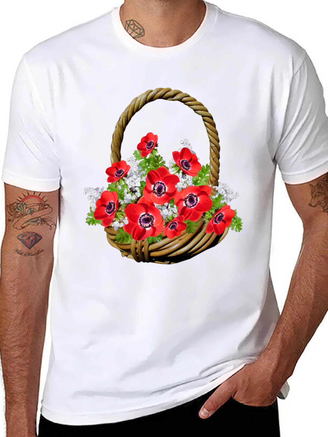 Floral Basket T-Shirt: Red Anemones on Black Cotton Tee - 8