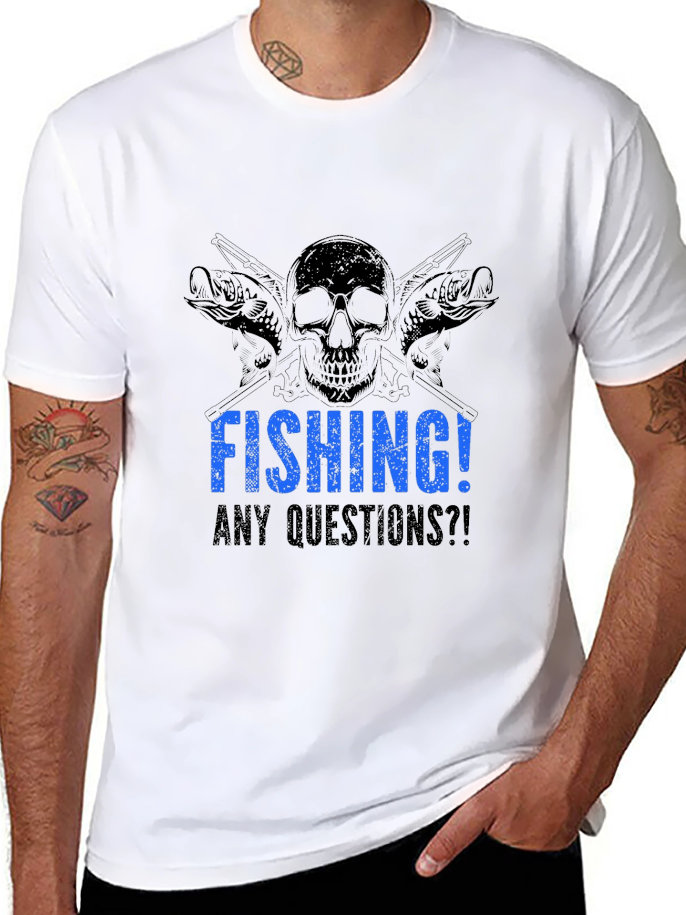 Black Fishing Skull Graphic Tee - Any Questions?! Black Cotton T-Shirt view 8