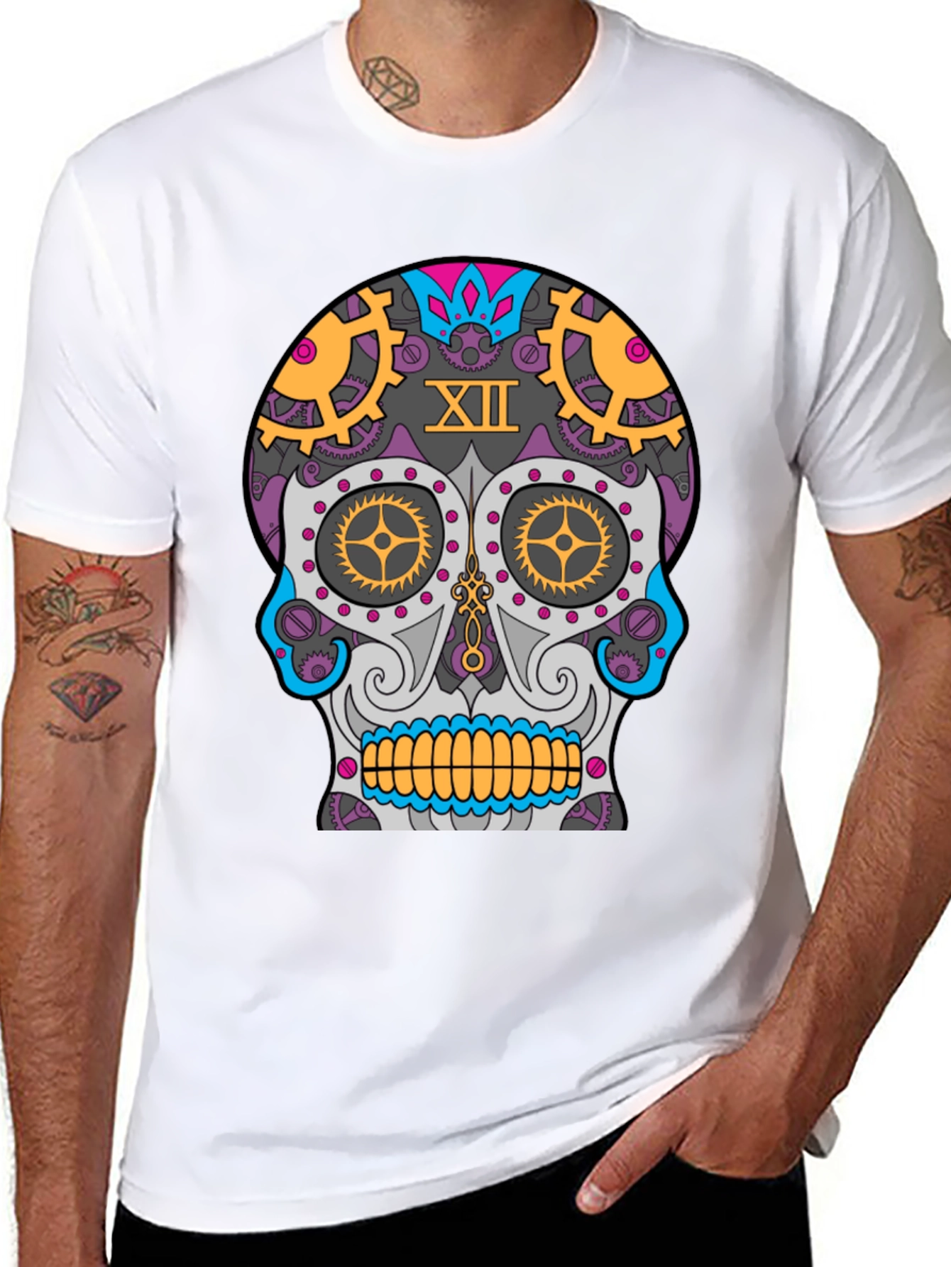 Black Steampunk Sugar Skull T-Shirt - Unique Day of the Dead Design view 8