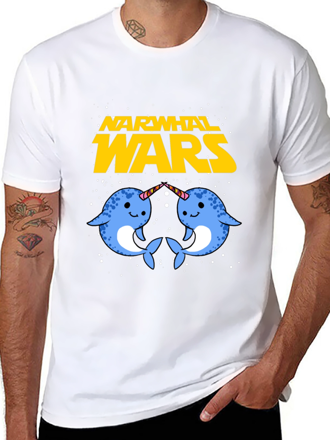 Black Narwhal Wars Graphic Tee - Funny Novelty T-Shirt view 8