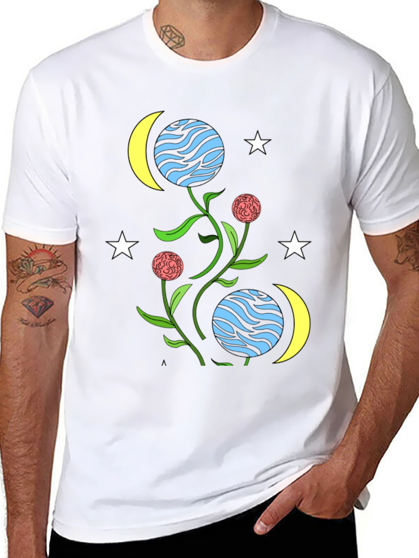 Black Cosmic Floral T-Shirt - Stars, Moons, & Planets Design view 8