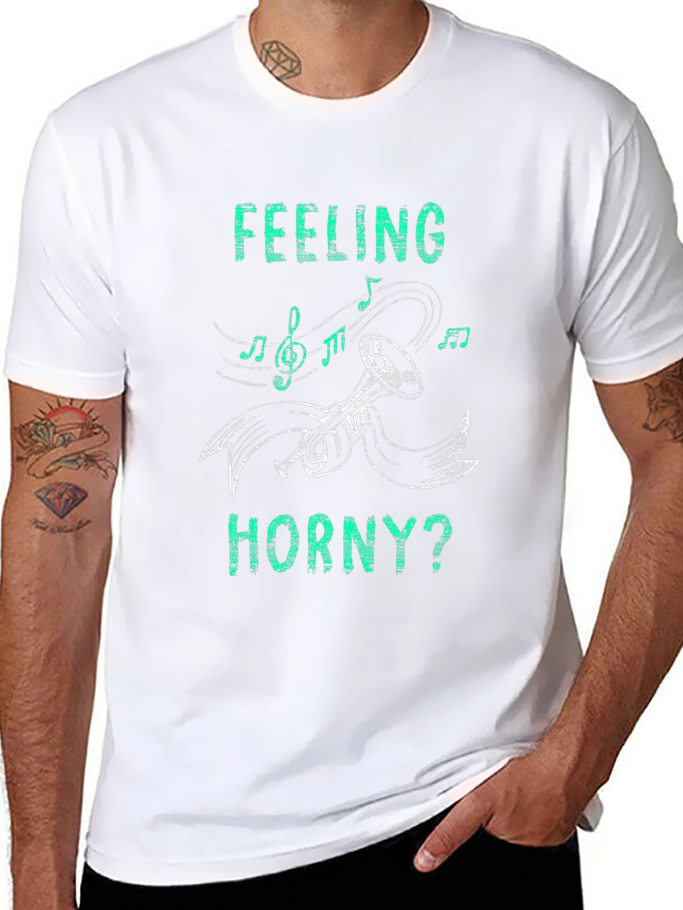 Black Feeling Horny? T-Shirt Music Trumpet Graphic Novelty Tee view 8