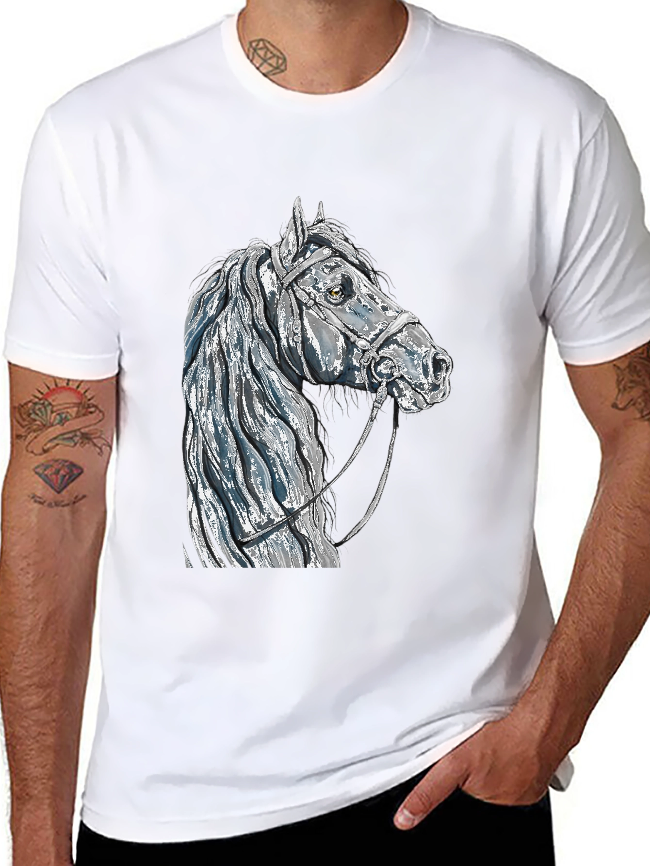 Black Horse Head Graphic Tee - Black Cotton Blend T-Shirt view 8