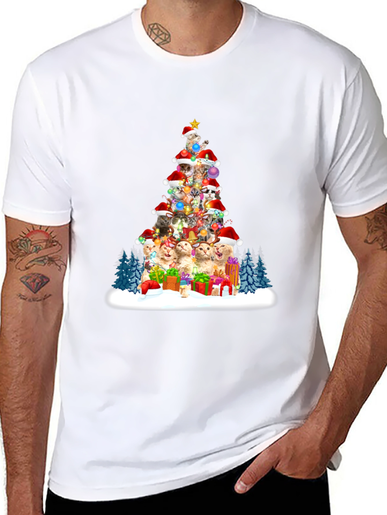Black Festive Cat Christmas Tree T-Shirt view 8