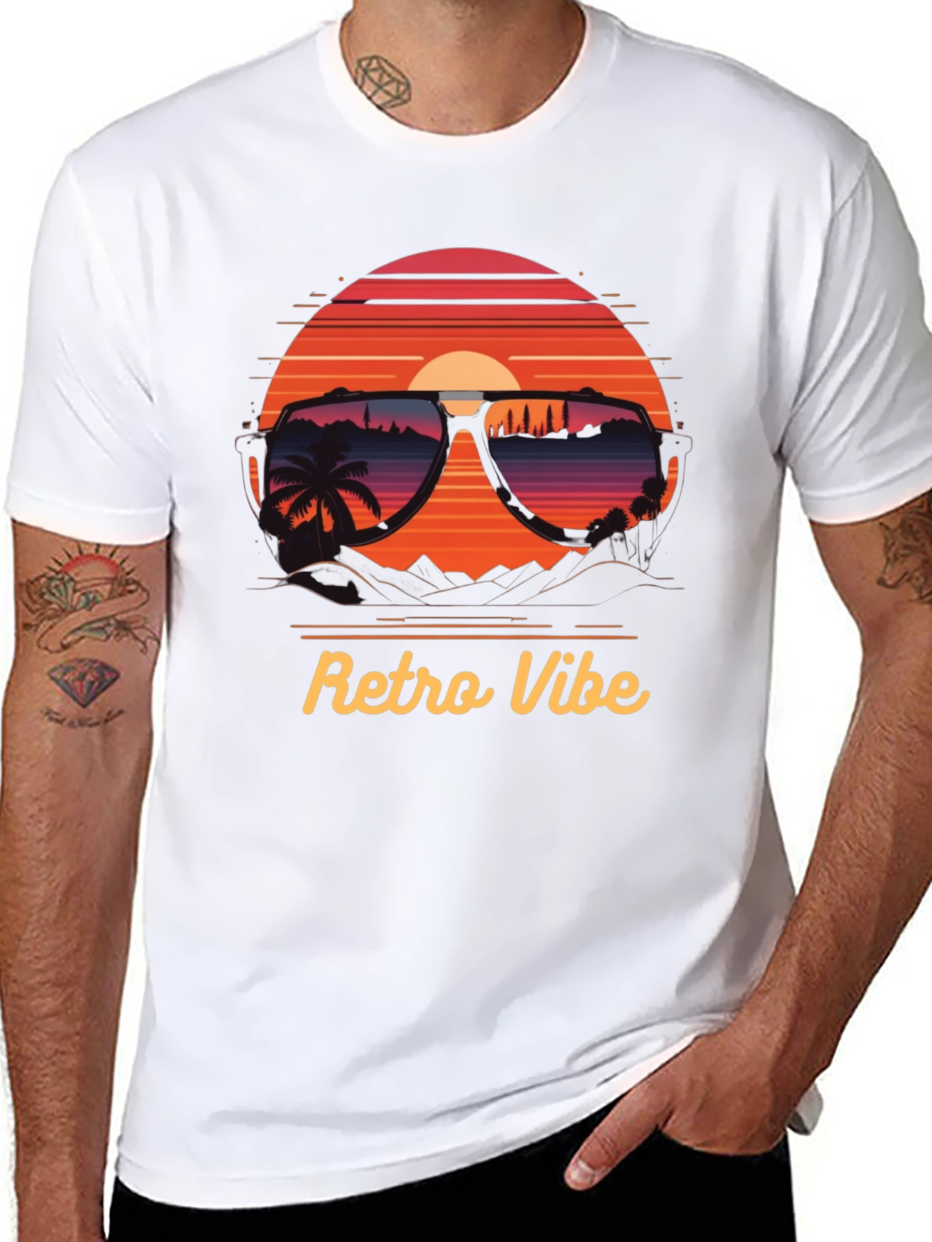 Black Retro Vibe T-Shirt - Sunglasses Sunset Design view 8