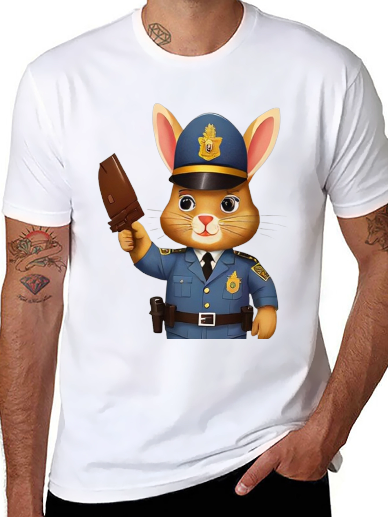 Black Bunny Cop Graphic T-Shirt - Unisex Black Tee view 8