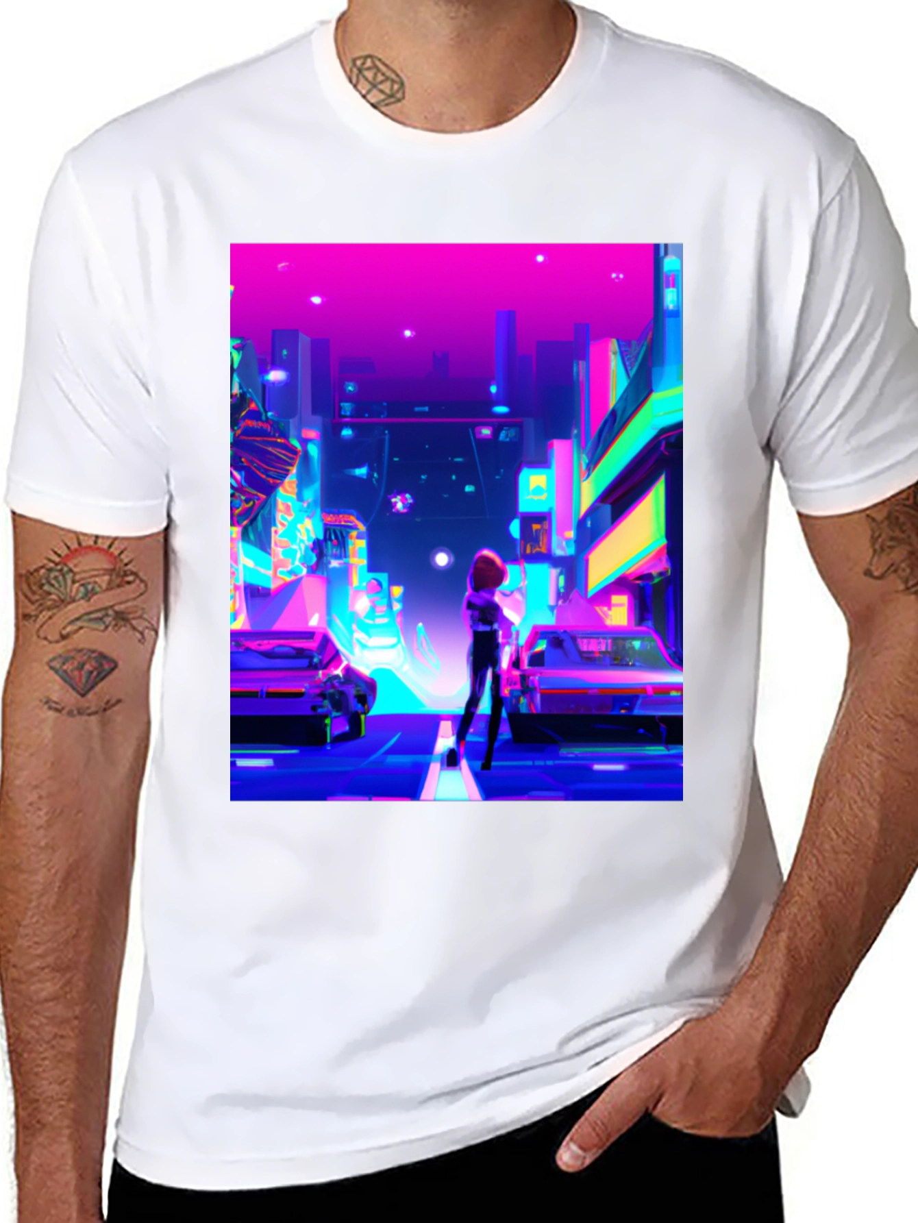 Black Neon Cityscape T-Shirt - Futuristic Style view 8