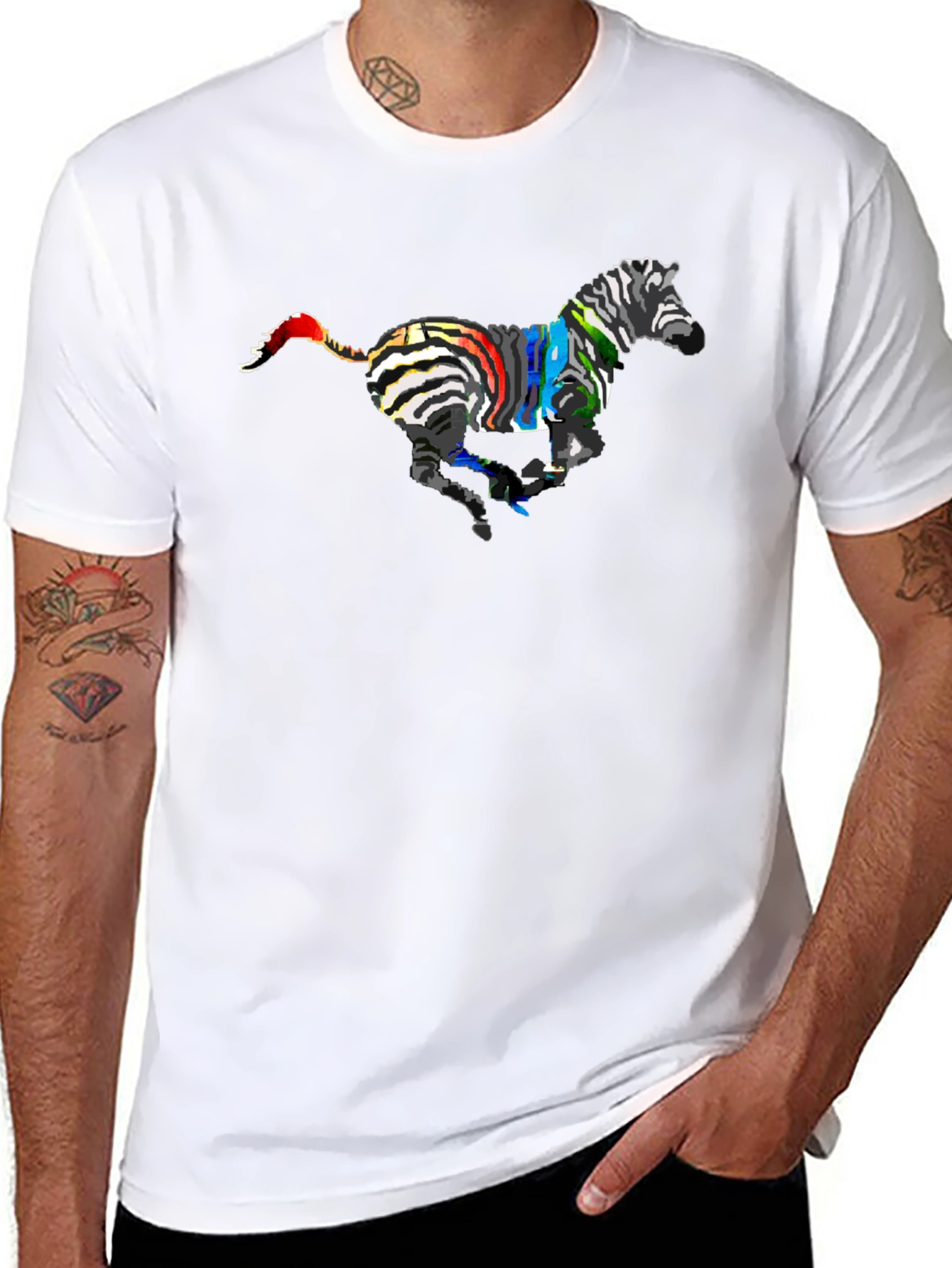 Black Colorful Zebra Graphic Tee - Black Cotton T-Shirt view 8