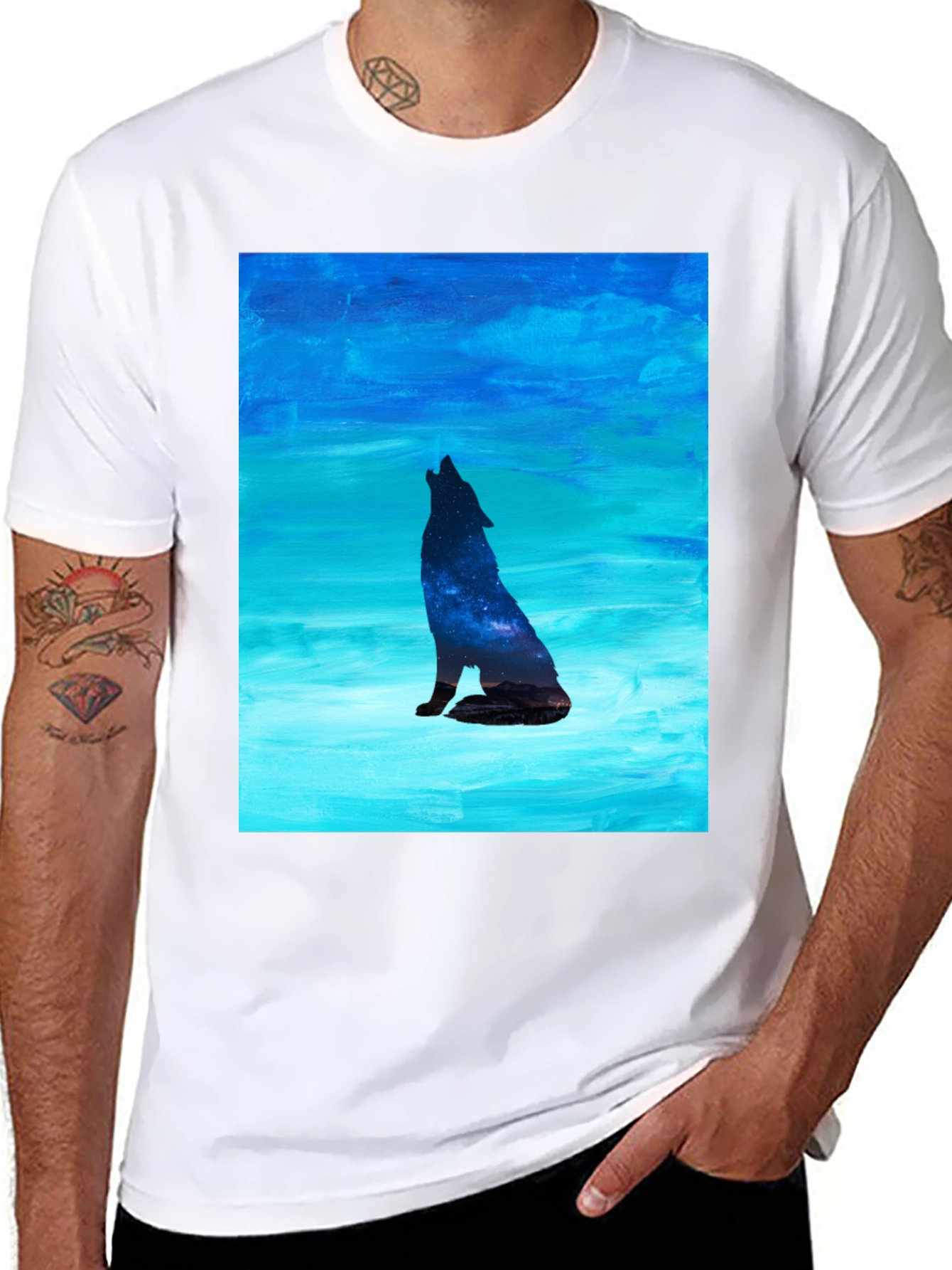 Black Howling Wolf Galaxy Print Black T-Shirt view 8