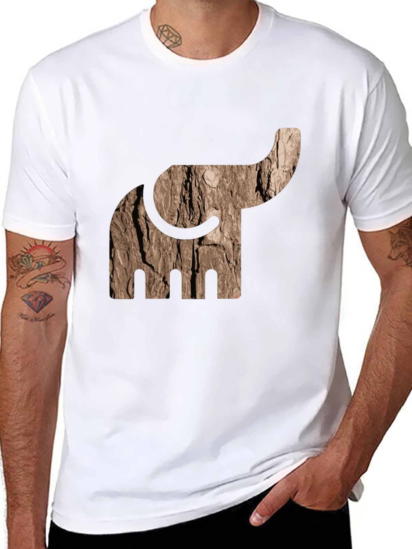 Black Abstract Elephant Tree Bark Print Black T-Shirt view 8