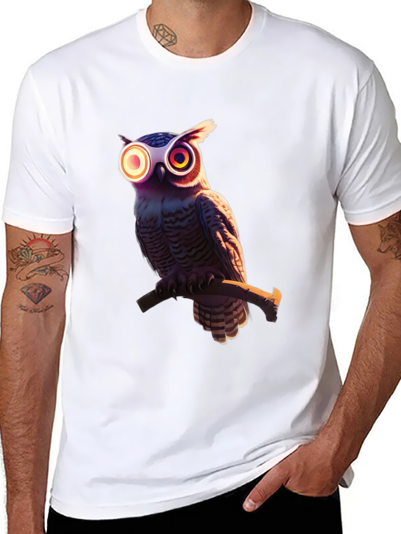 Black Cool Owl Graphic Tee - Black Cotton Blend view 8