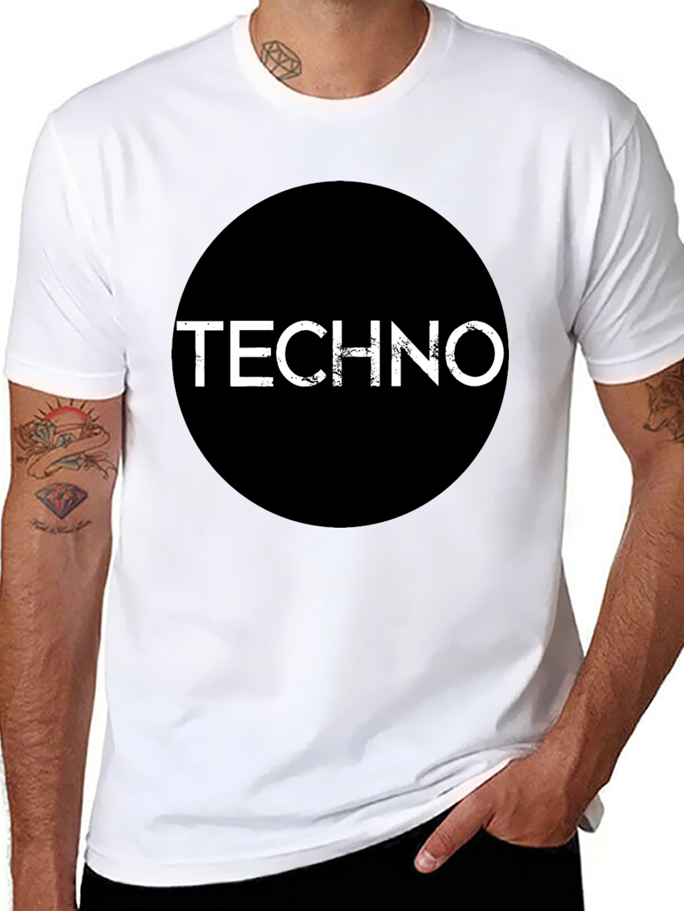 Black Techno Music Graphic T-Shirt - Black Round Design view 8