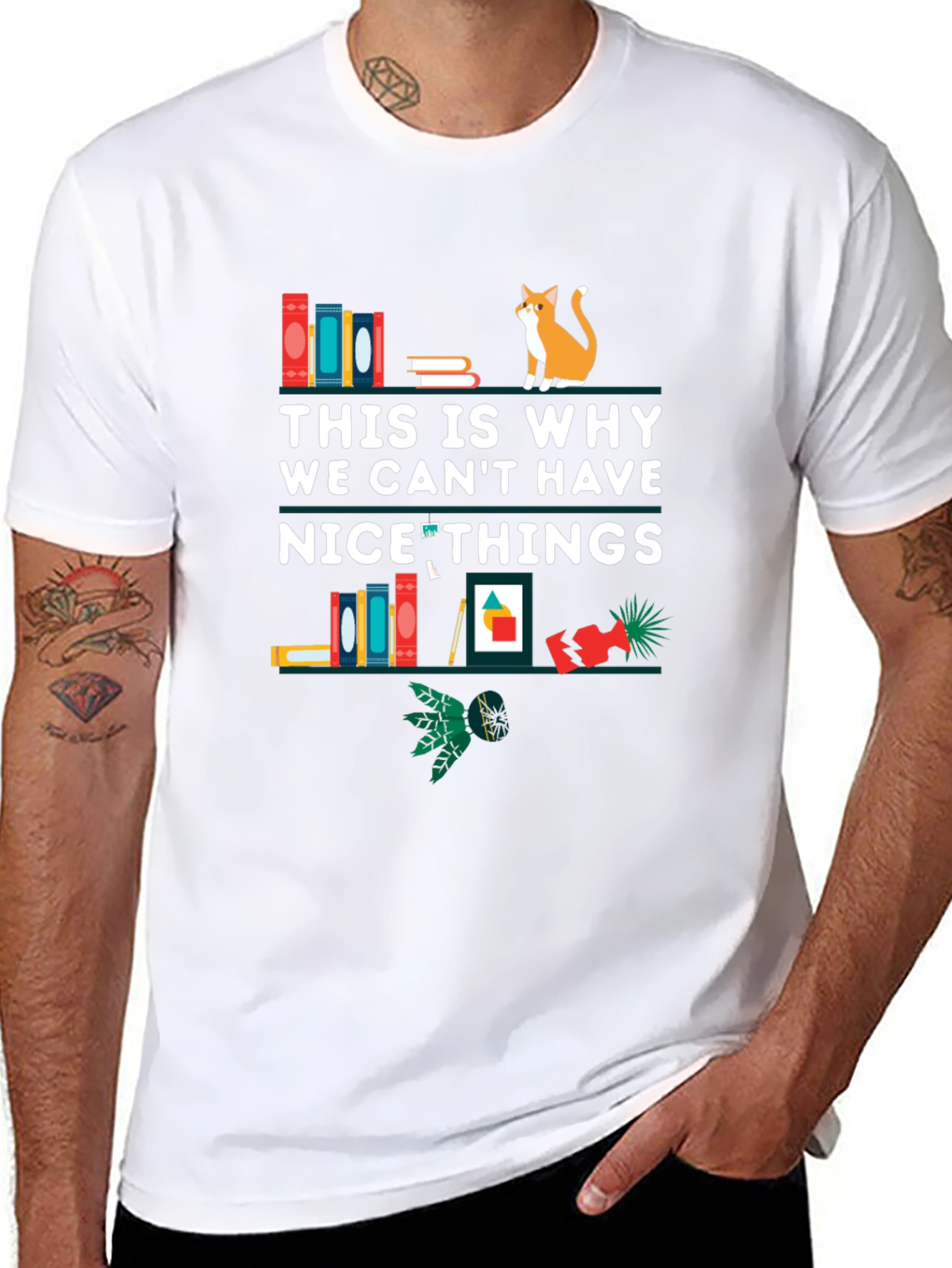 Black Funny Cat & Books Graphic T-Shirt view 8