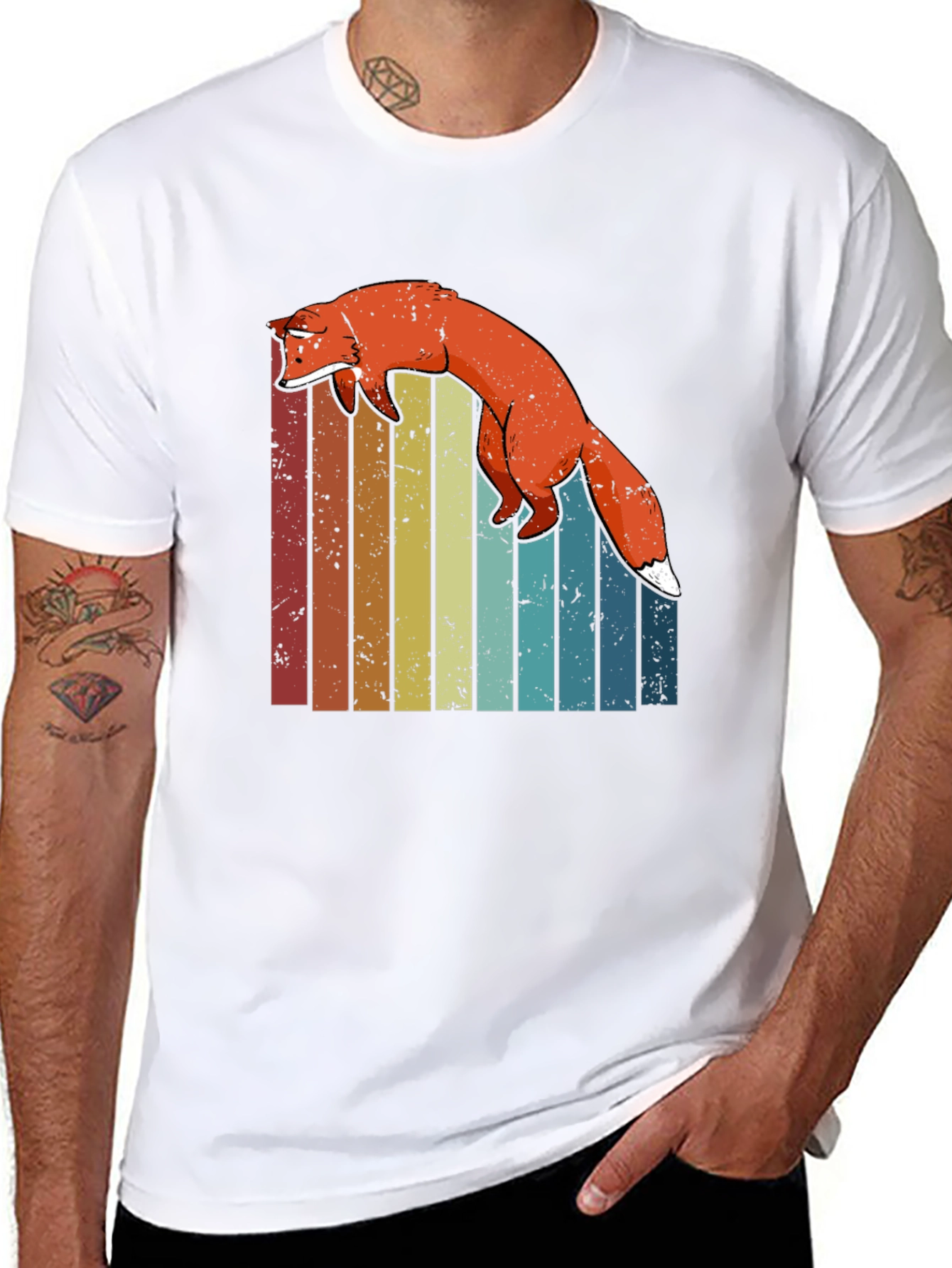 Black Retro Fox Graphic Tee - Vintage Striped Design view 8