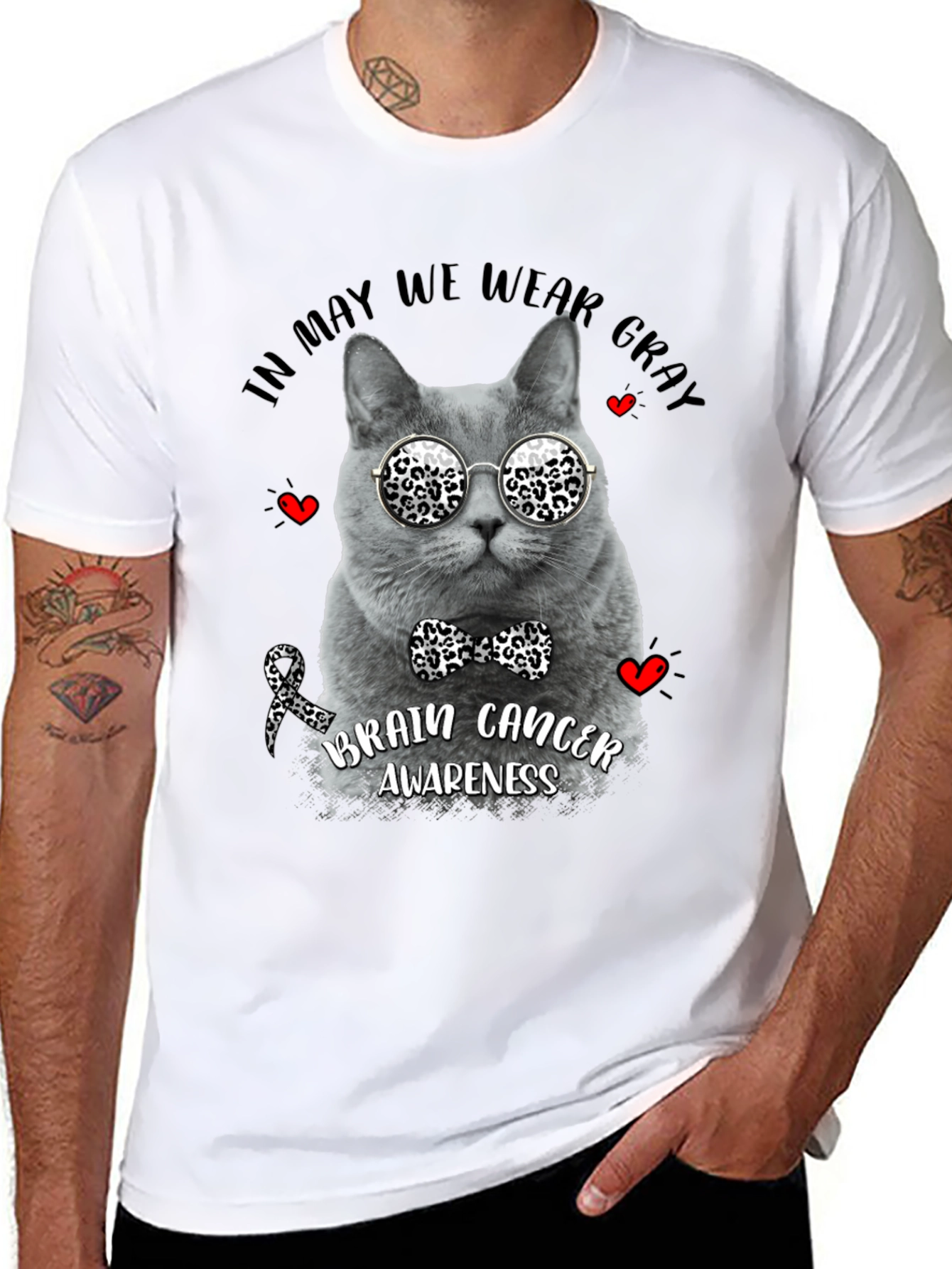 Black Gray Cat Brain Cancer Awareness T-Shirt view 8