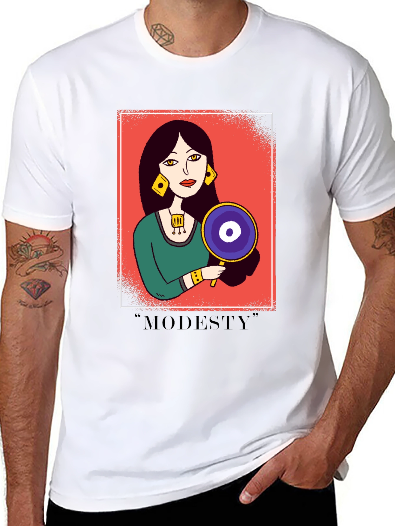 Black Graphic T-Shirt with "Modesty" Design view 8