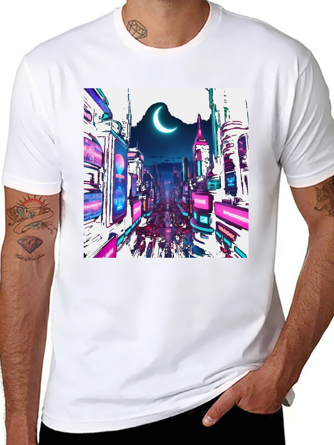 Black Cyberpunk Cityscape Graphic Tee - Crescent Moon Edition view 8